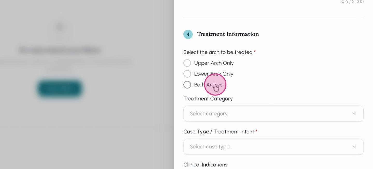 Step 7: Select the arch to treat (upper, lower, or both) and choose the treatment category (simple, moderate, complex, or unsure).