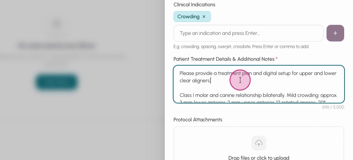 Step 9: Fill out clinical indications with keywords like "crowding," and add in-depth case notes and treatment goals for clarity.