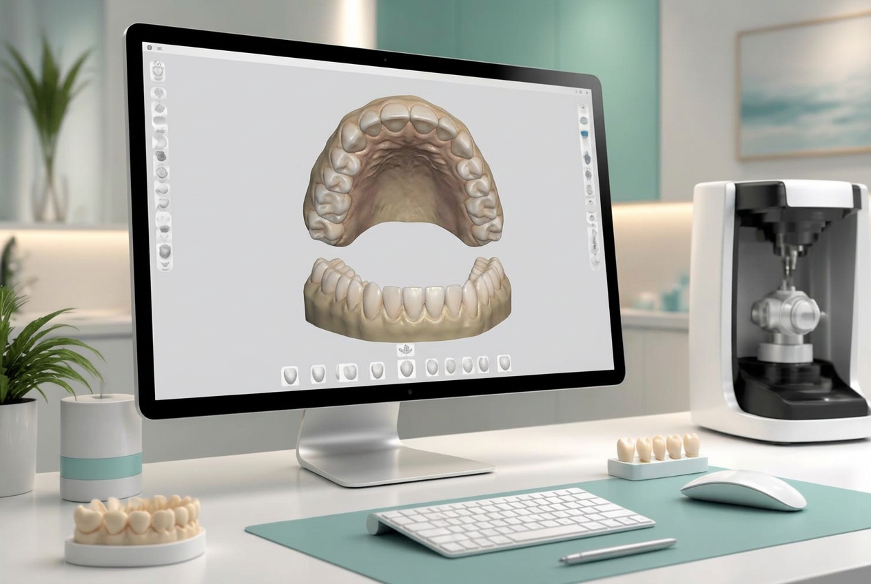 CAD/CAM workstation showing digital crown and bridge design