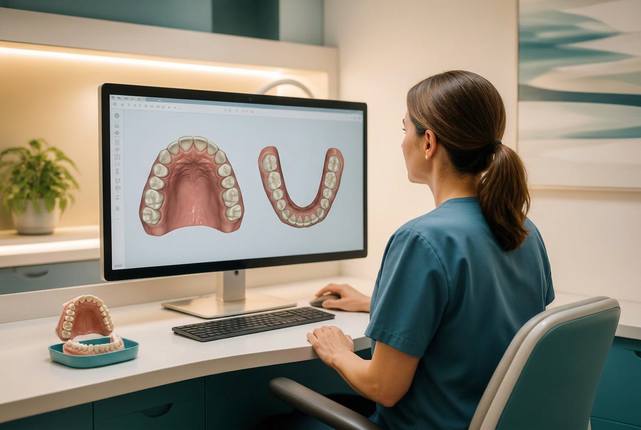Clinician reviewing a digital clear aligner treatment plan on a monitor