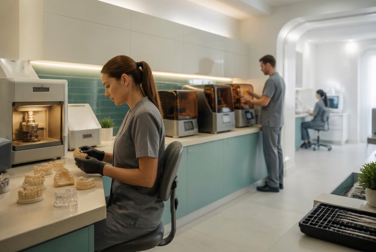 Modern dental manufacturing lab with 3D printers and milling machines