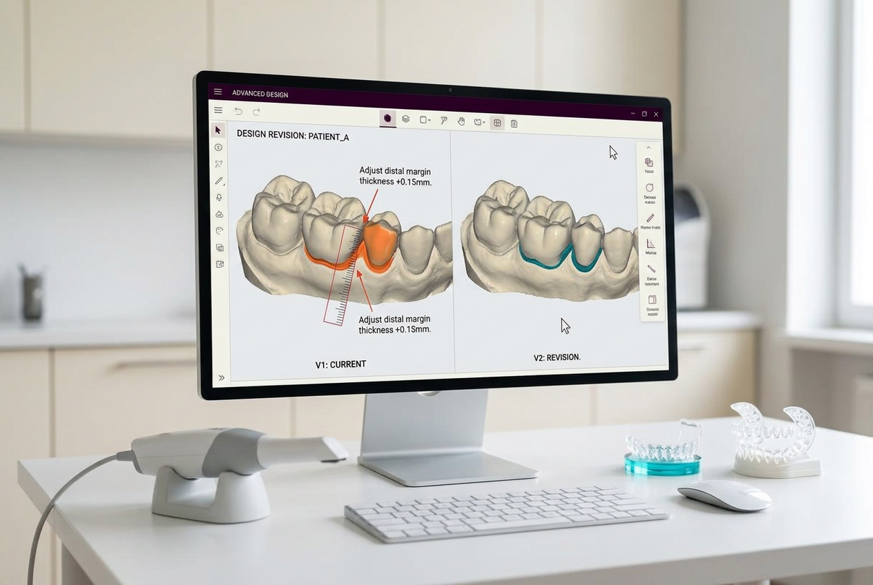 CAD software screen showing a current dental design next to a revised version with markup notes