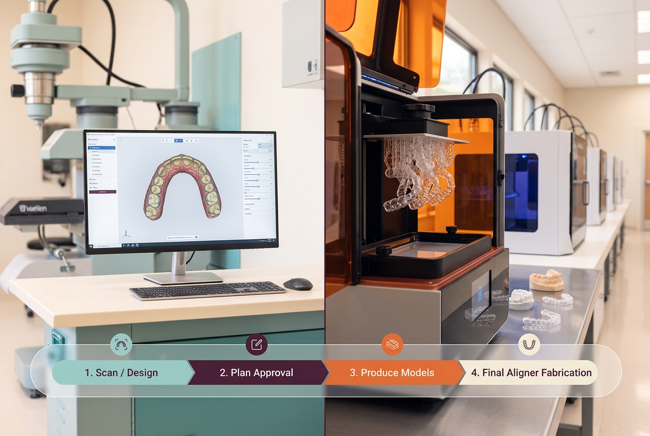 Split scene showing digital dental design on a monitor and physical manufacturing with a 3D printer