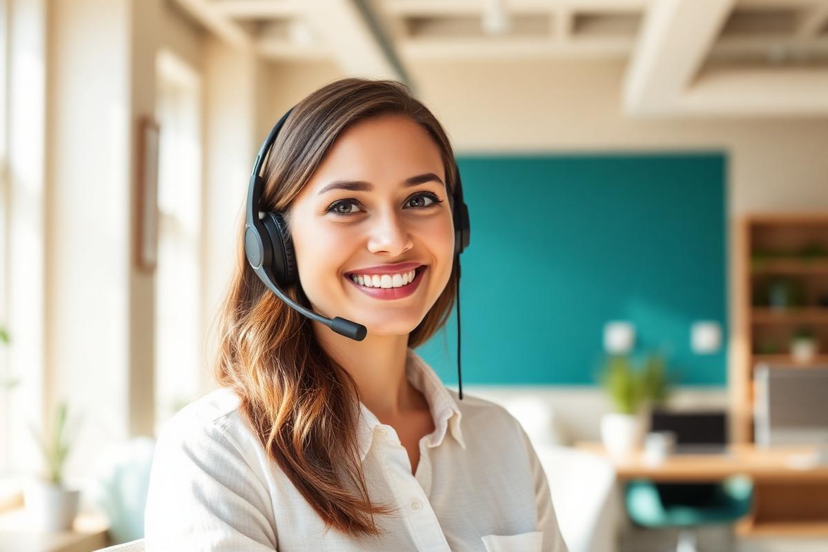 Friendly support specialist wearing a headset in a bright office