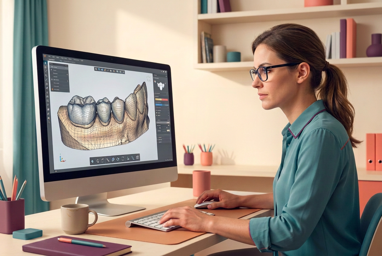 Dental technician inspecting a printed dental model with calipers