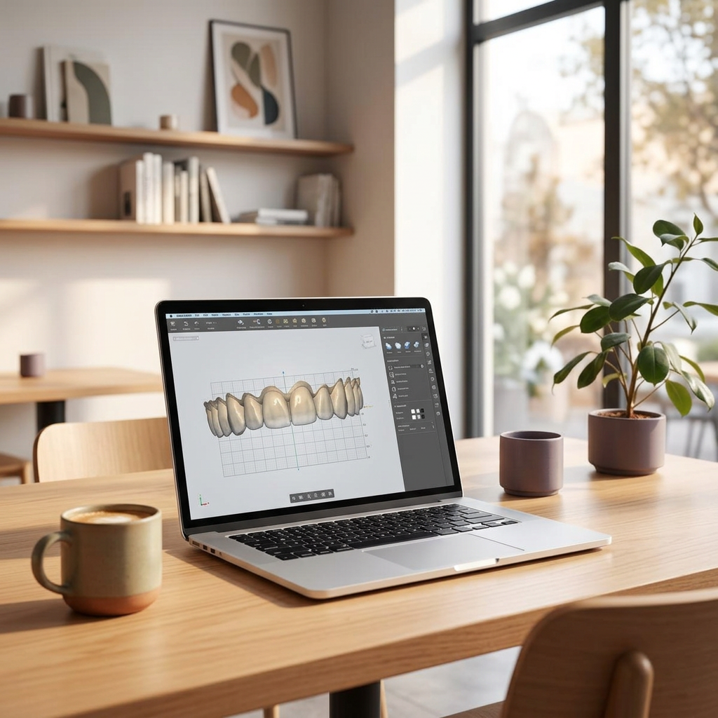 Laptop in a bright cafe showing realistic dental CAD software with a 3D crown model on screen