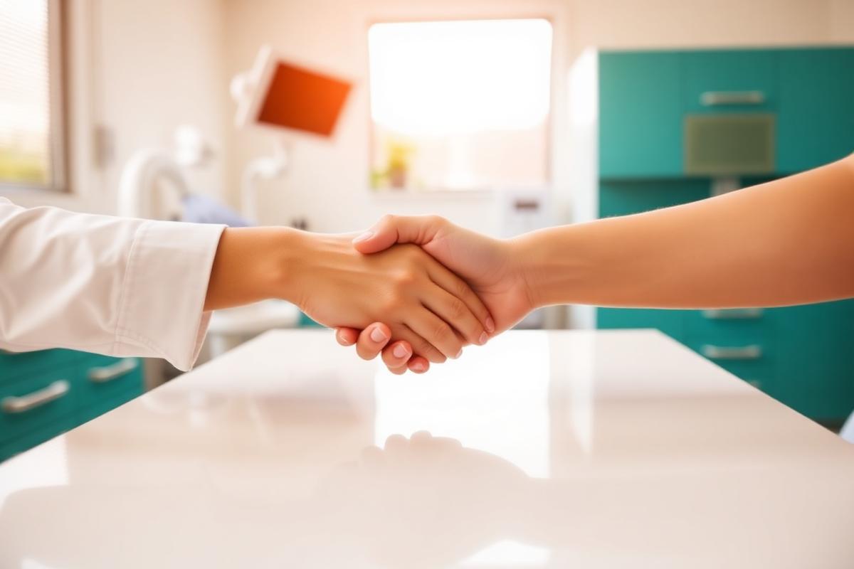 Handshake over a clean desk in a modern dental lab