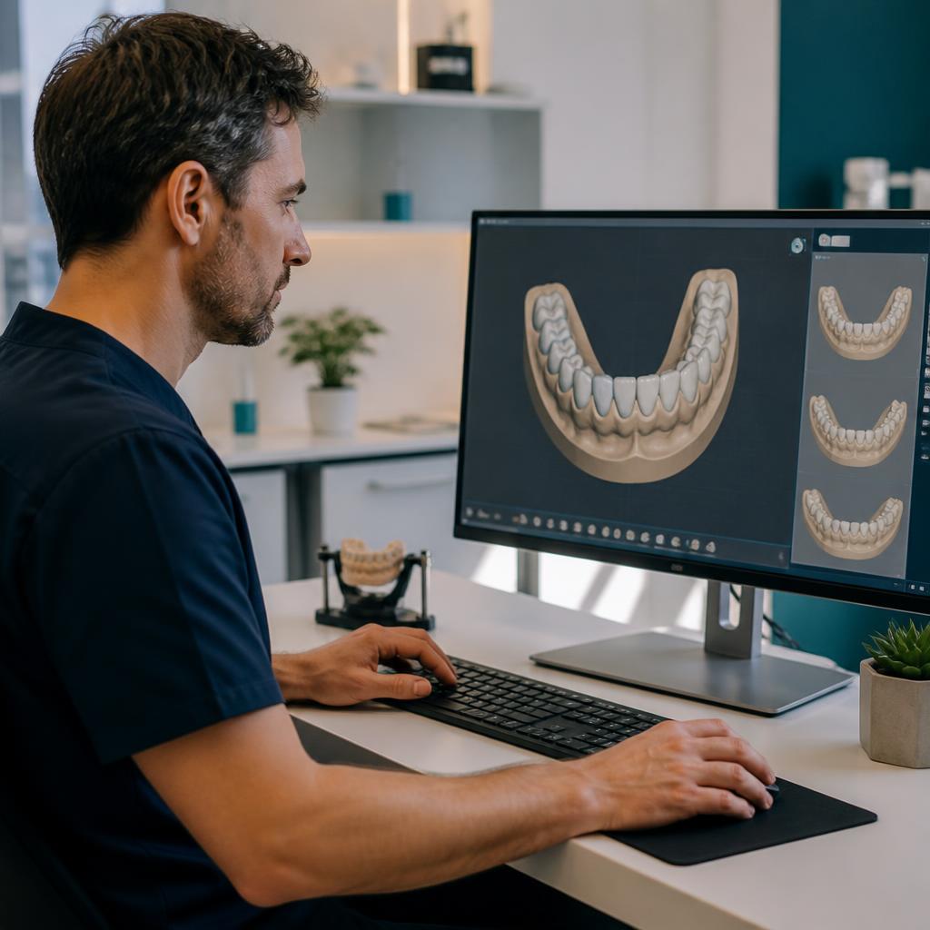 Specialist reviewing matched digital dentistry cases on screen