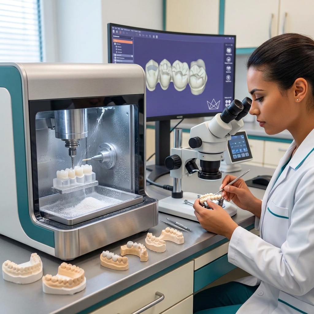 Certified dental technician working beside a dental milling machine in a modern digital lab